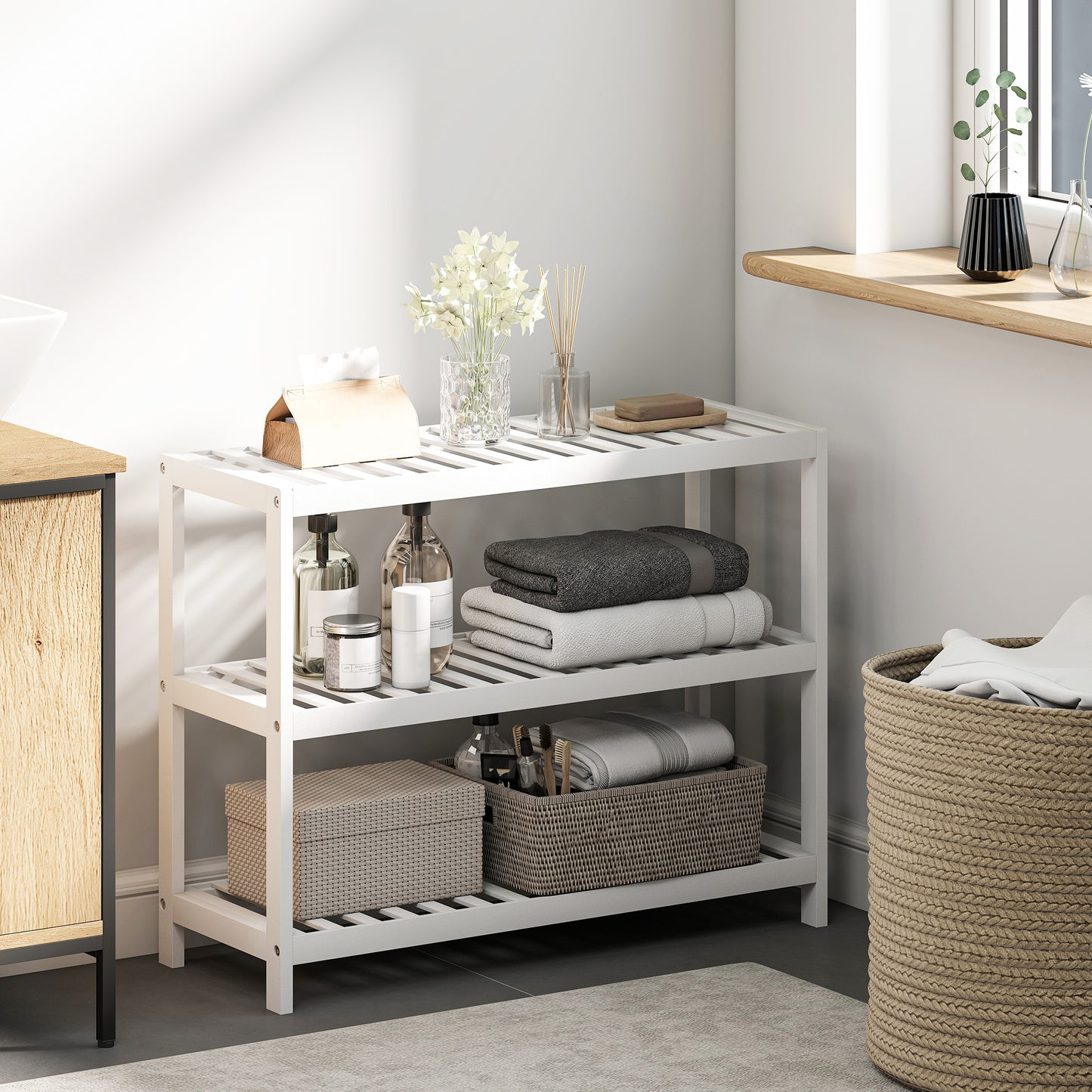 HOMCOM 3-stufiges Bambusregal, Schuhregal, Aufbewahrungsregal, lackierte Oberfläche, Weiß