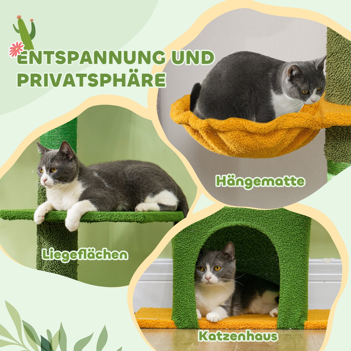 PawHut Höhenverstellbarer Kratzbaum 230-275 cm, platzsparend, Spielzentrum mit Hängematte, Grün