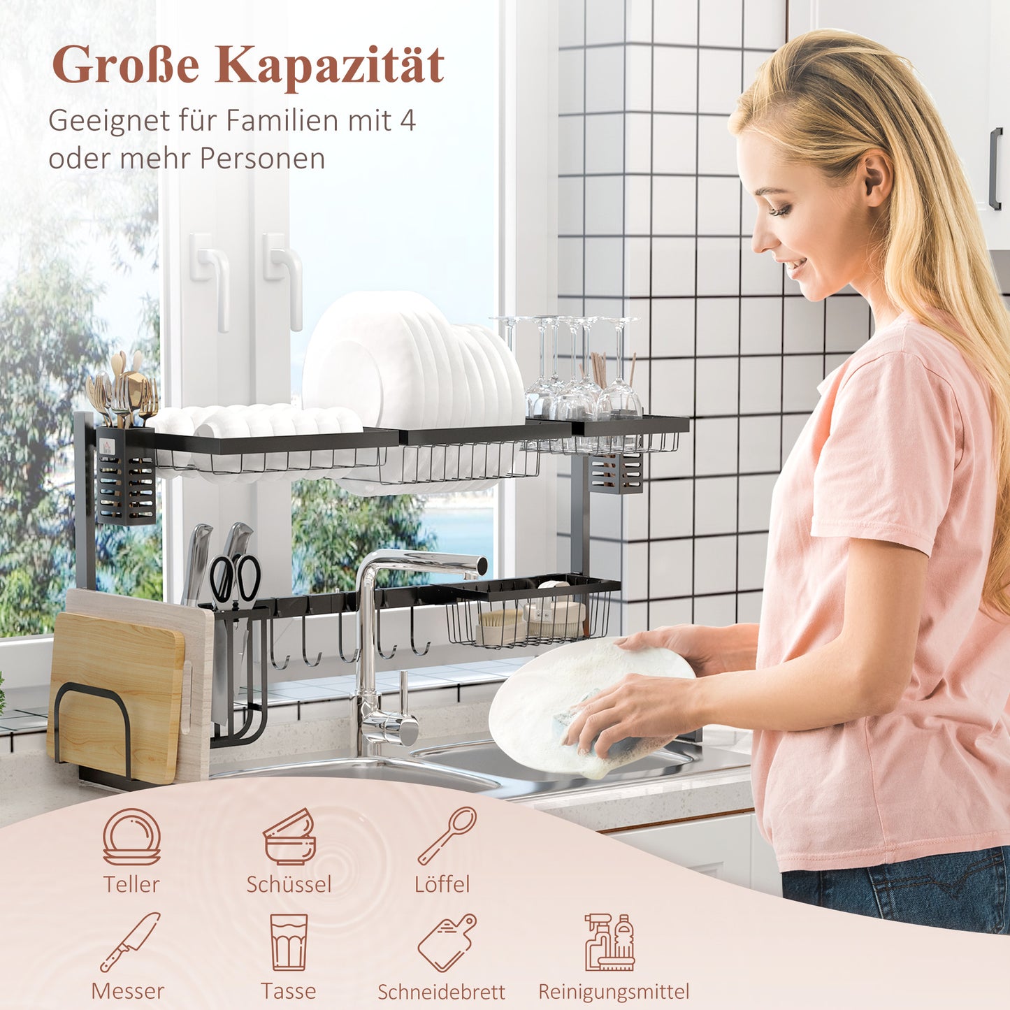 HOMCOM Geschirrkorb, Modularer Geschirrhalter aus Metall, bis zu 23 kg belastbar, Schwarz