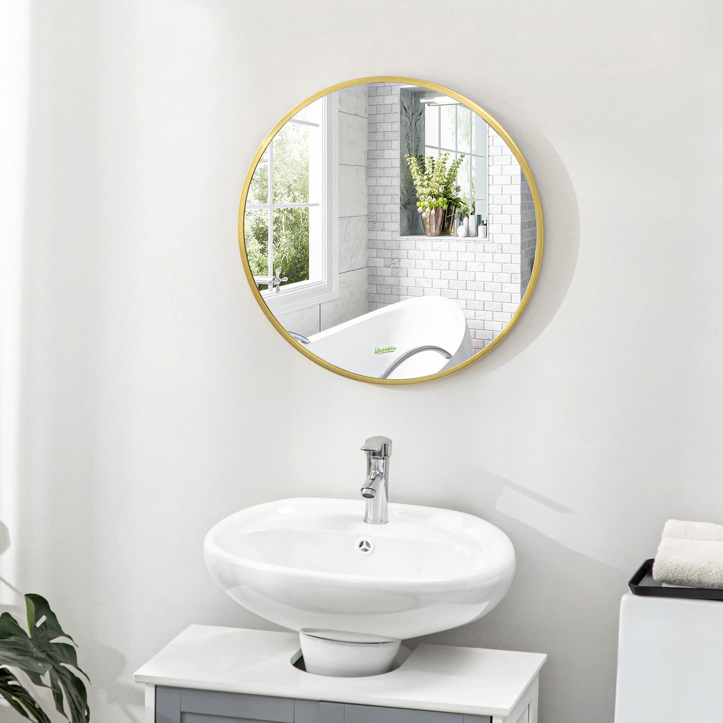 kleankin Runder Wandspiegel für Bad, Schlafzimmer, Flur, Metallrahmen, Farbe: Gold, Ø50 cm