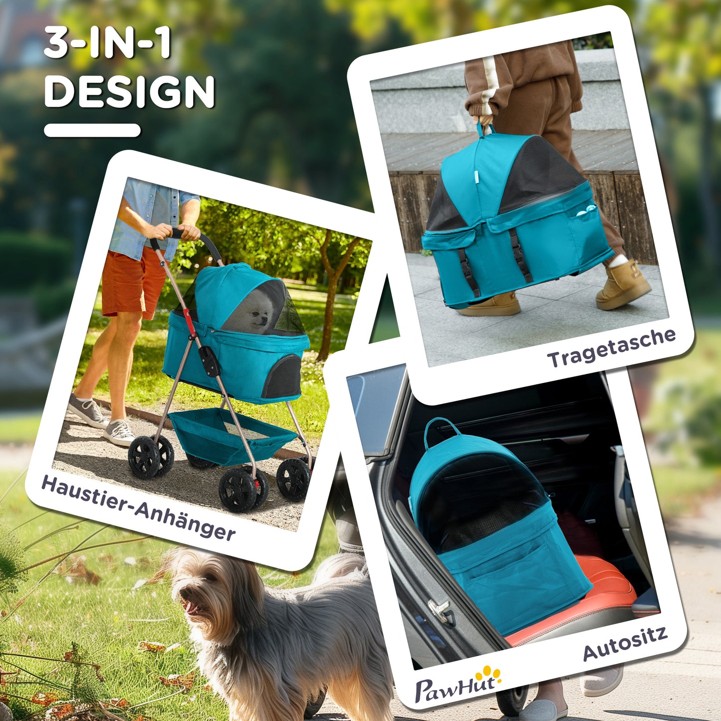 PawHut 3-in-1-Haustierkinderwagen، zusammenklappbarer Hundewagen mit 4 Rädern وabnehmbarer Trage for Hunde وKatzen Türkis