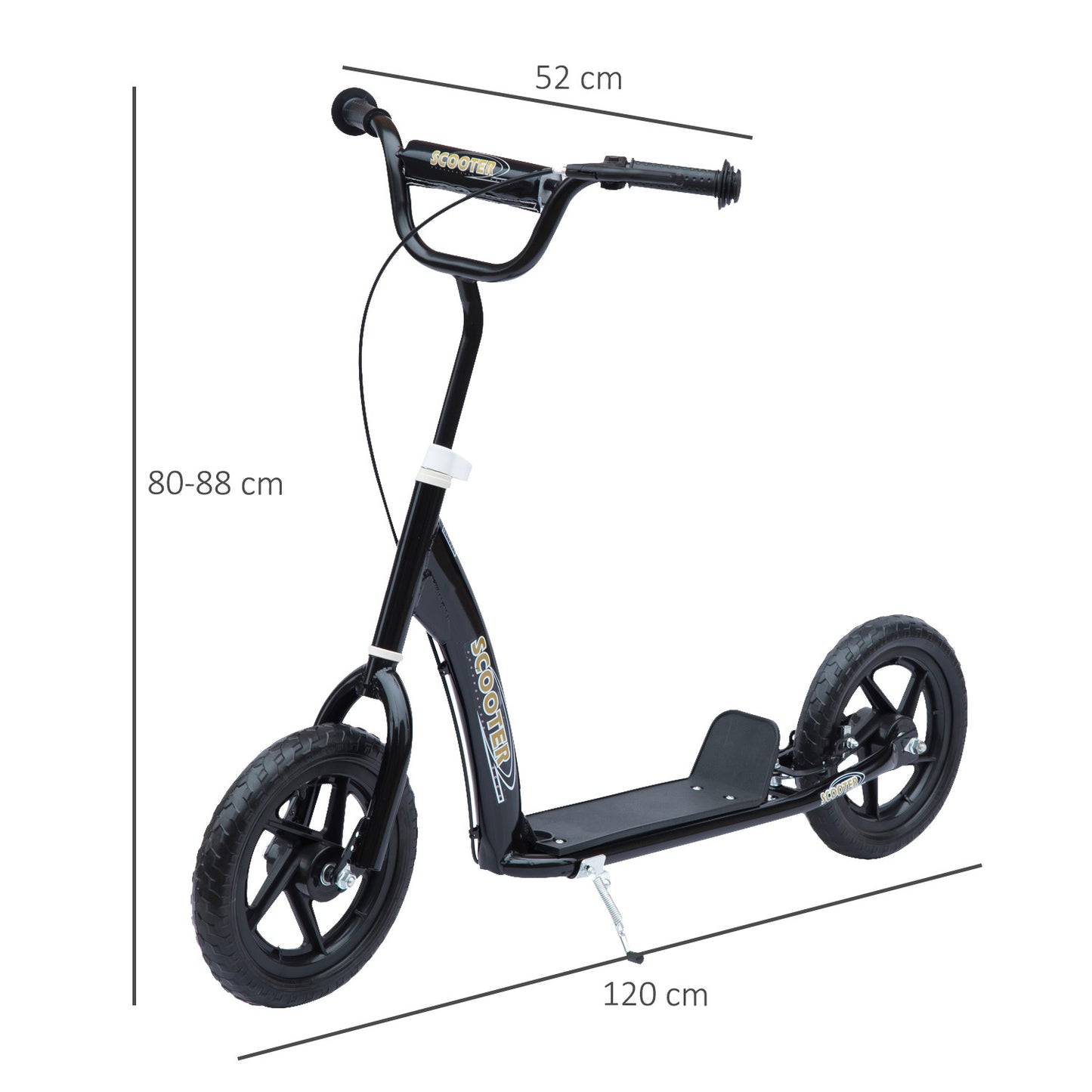 HOMCOM Kinderroller mit Hinterbremse Kickscooter 12 Zoll Tretroller Roller Scooter Cityroller für Kinder Kickboard Höhenverstellbar Stahl EVA Schwarz 120 x 52 x 80-88 cm