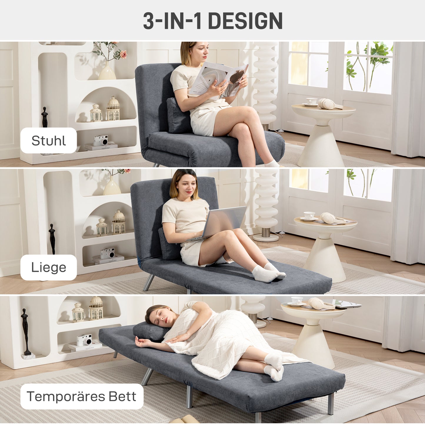 HOMCOM Polstersessel mit Bettfunktion، 3-in-1 Design، Schlafsessel، Gästebett، Stoffbezug، mit Kissen، Dunkelgrau