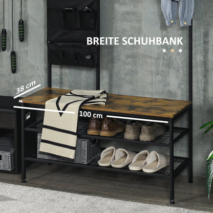 HOMCOM Garderobe im Industriedesign, 1 Memoboard, 1 Schuhbank, 8 Kleiderhaken, 1 Aufbewahrungstasche, Schwarz + Braun