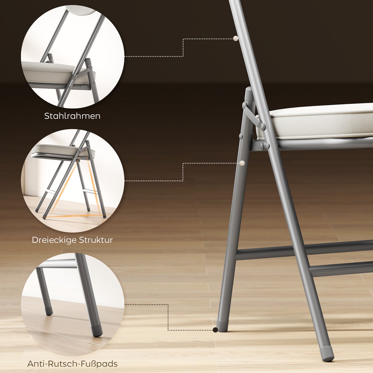 HOMCOM 4er-Set gepolsterte Klappstühle, Faltbare Stühle mit Cordbezug, Rückenlehne, Metallrahmen, Cremeweiß