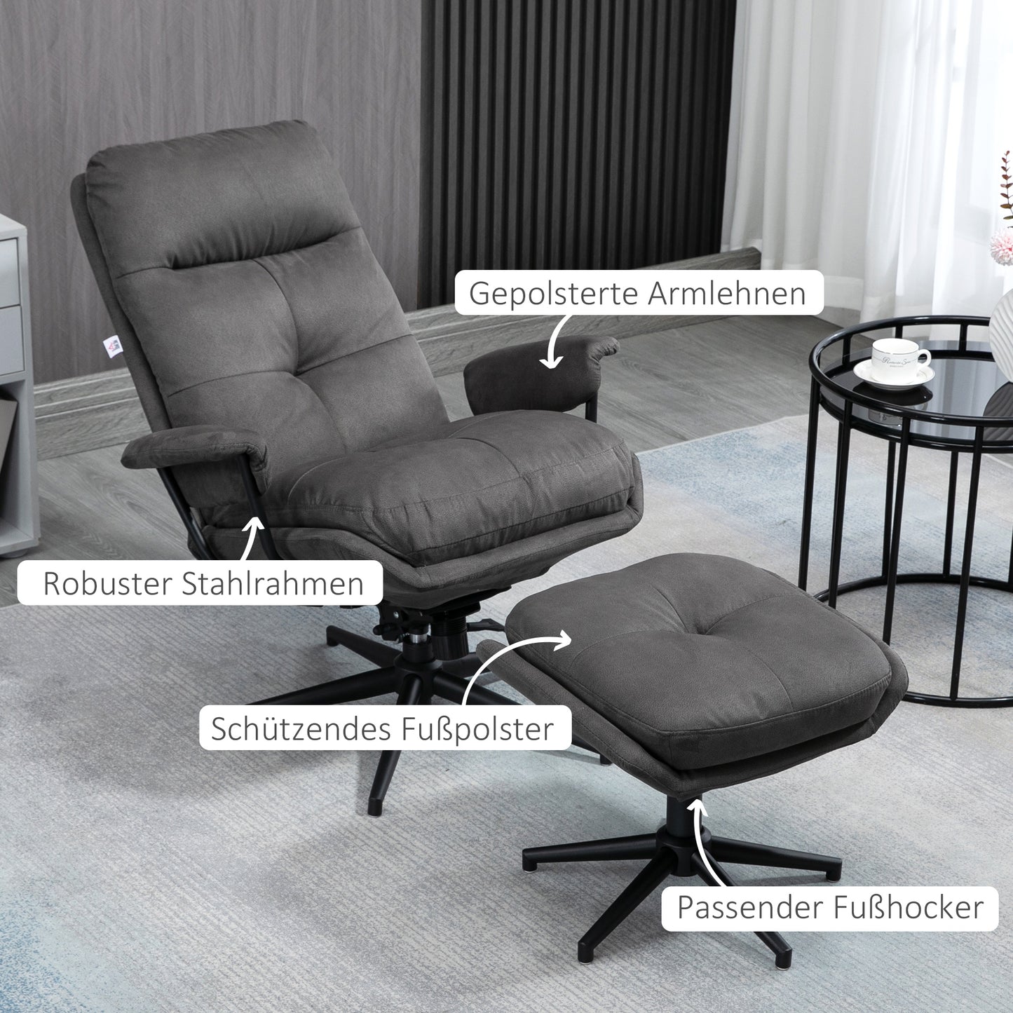 HOMCOM Relaxsessel mit Ottomane, Sessel mit Fußhocker, verstellbare Rückenlehne; Mikrofaser, Dunkelgrau