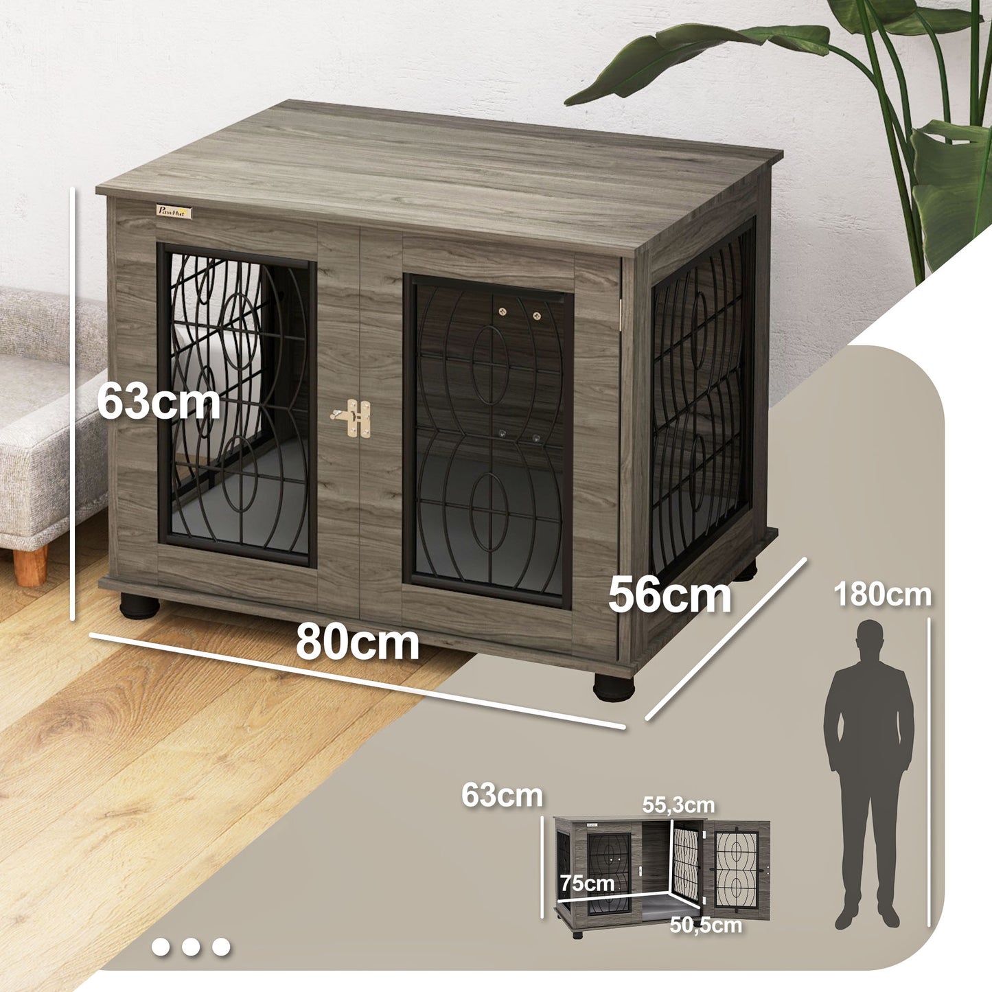PawHut Hundebox mit Liegekissen, bis 20kg/50cm Körperlänge, Metall, 80x56x63cm, Grau/Holzdekor