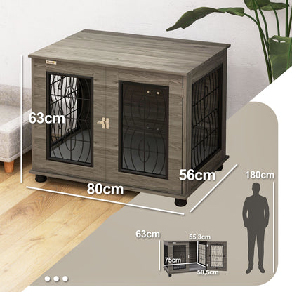 PawHut Hundebox mit Liegekissen, bis 20kg/50cm Körperlänge, Metall, 80x56x63cm, Grau/Holzdekor