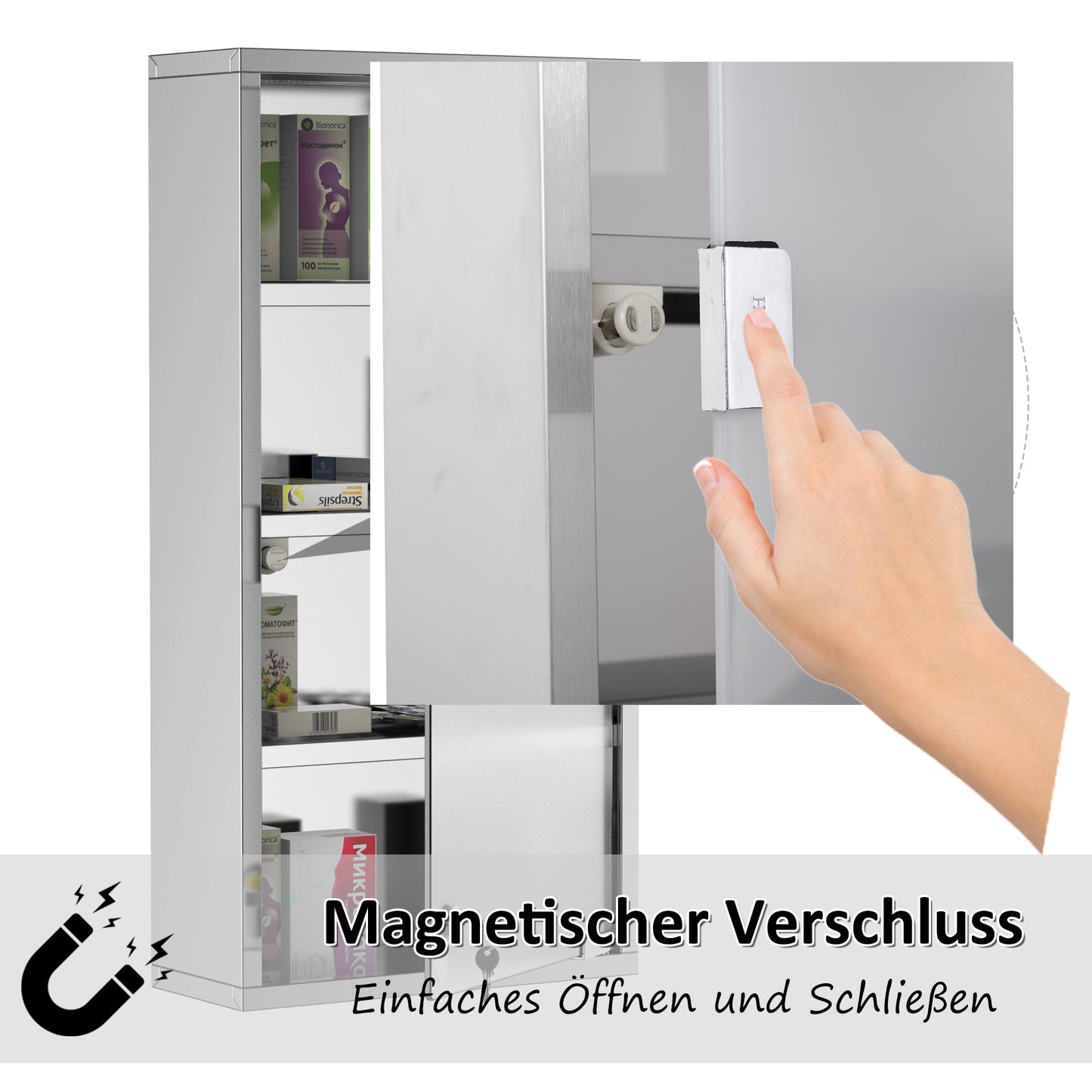 HOMCOM Medizinschrank Arzneischrank aus Edelstahl, Abschließbar Medikamentenschrank mit 4 Fächern, Glastür Apothekerschrank zur Medikamenten-Aufbewahrung, 30 x 12 x 60 cm