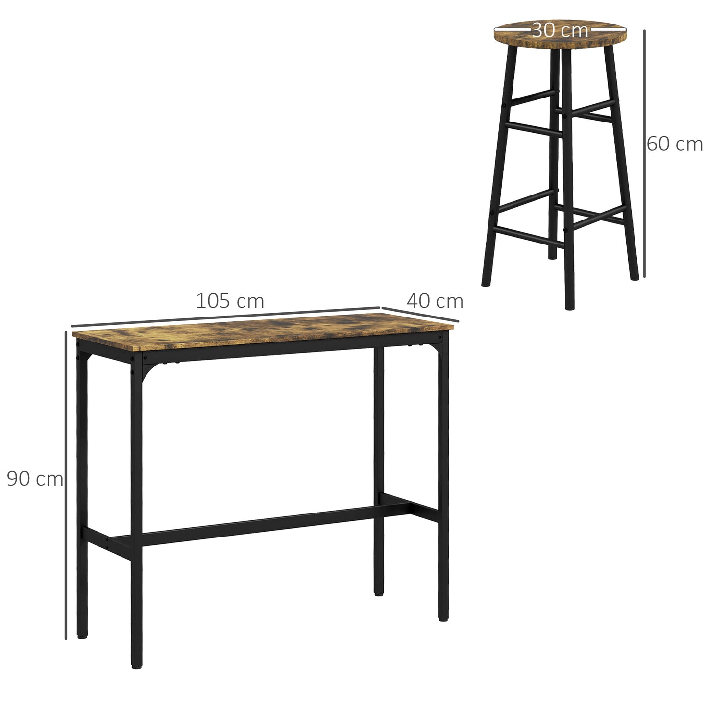 HOMCOM Bartisch mit 2 Stühlen im Industriedesign 2er-Set Barhocker mit Tisch, Industriedesign, 3-teilig, Braun + Schwarz