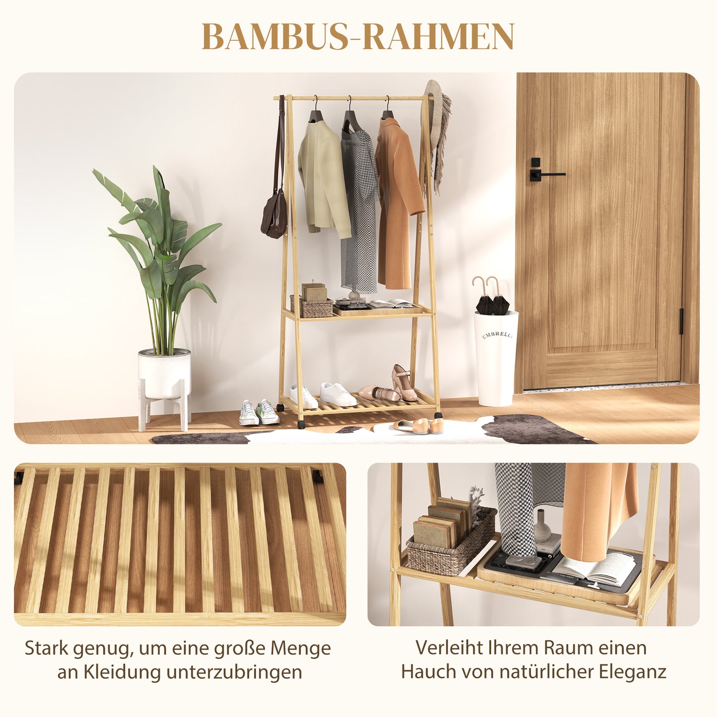 HOMCOM Kleiderständer, 2 untere Regale, 67 cm lange Kleiderstange, Bambusholz, Rollen