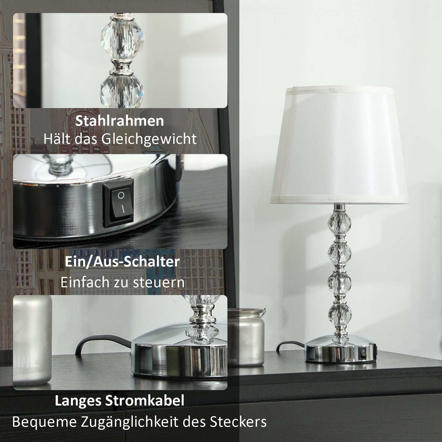 HOMCOM Kristall-Tischleuchte, Touch-Schalter, USB-Ladeanschluss, Ø23x45 cm, Silber