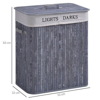 HOMCOM Bambus Wäschekorb mit Deckel 100 L Wäschesammler mit PU-Griffen, Wäschesack aus Segeltuch, Laundry Baskets Wäschesortierer für Waschküche Schlafzimmer Badezimmer Grau