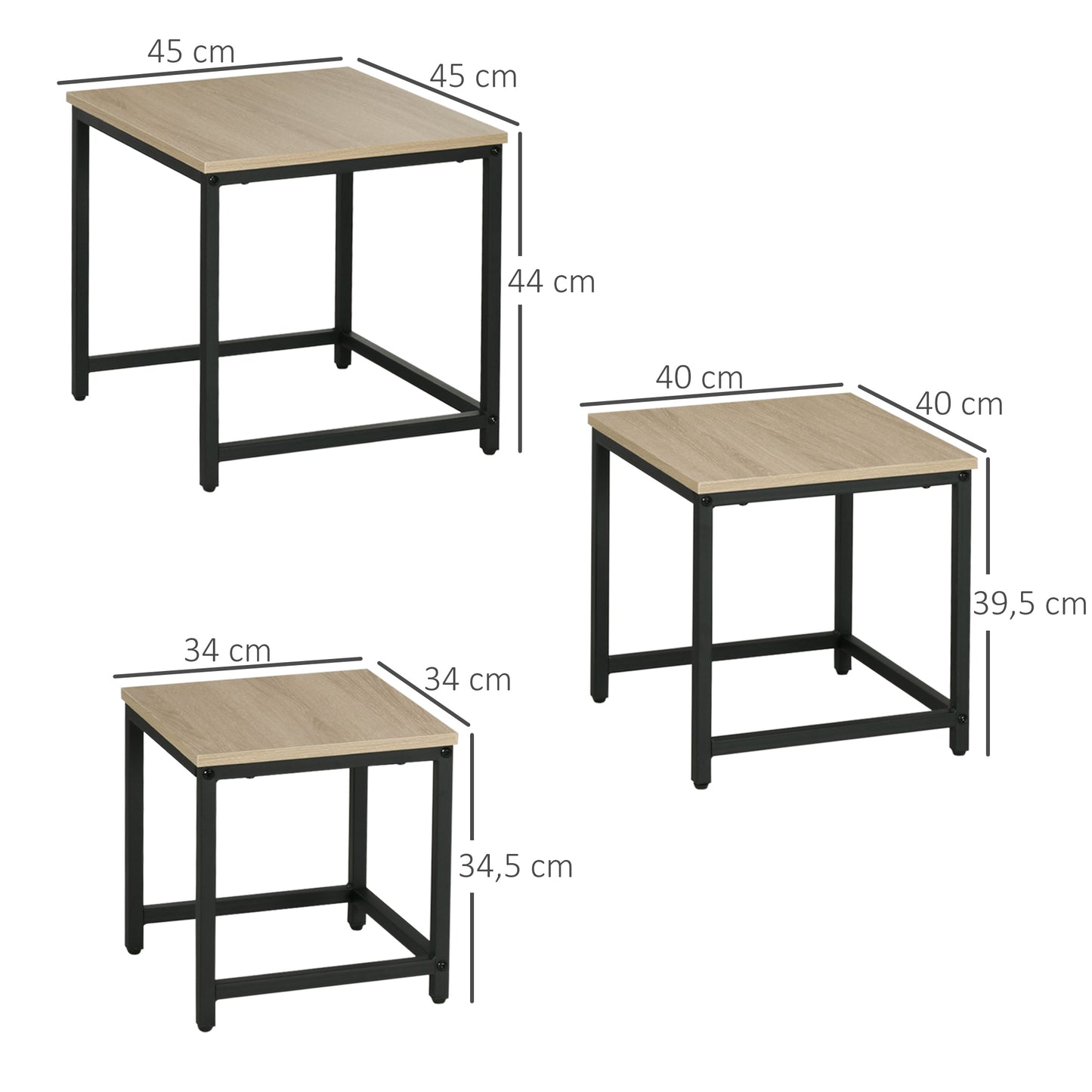 HOMCOM Satztisch-Set aus 3 Beistelltischen, Industrial Design, schwarzer Stahlrahmen, Tischplatte in Holzoptik