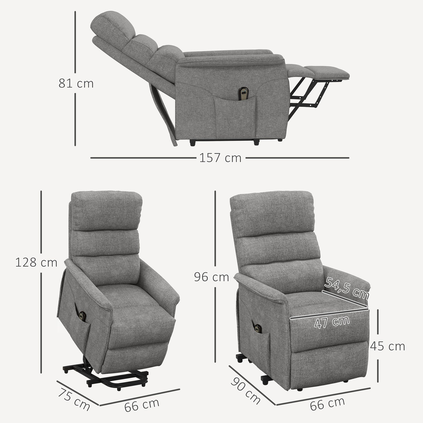 HOMCOM Relaxsessel mit Aufstehhilfe, verstellbare Rückenlehne/Fußstütze, bis 120 kg, 66 x 90 x 96 cm, Grau