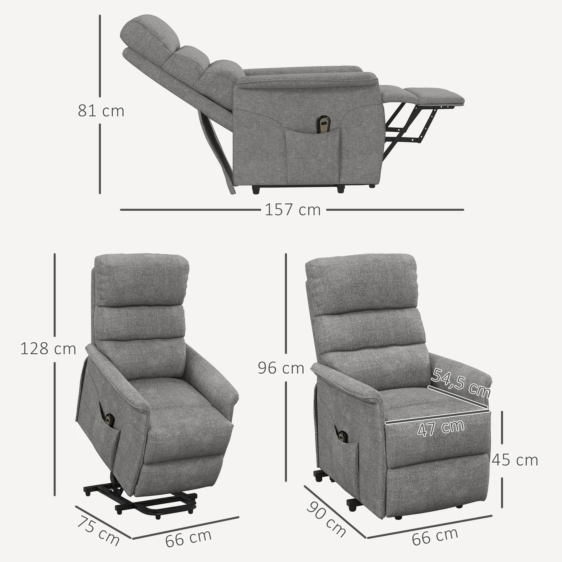 HOMCOM Relaxsessel mit Aufstehhilfe, verstellbare Rückenlehne/Fußstütze, bis 120 kg, 66 x 90 x 96 cm, Grau