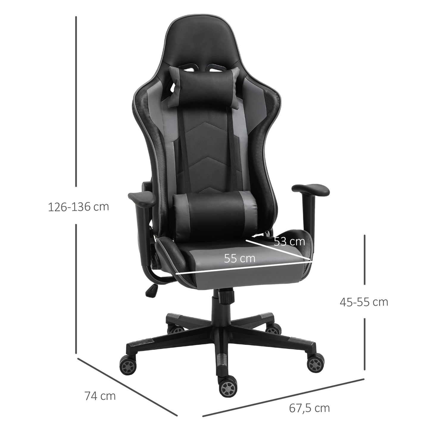 Vinsetto Ergonomischer Bürostuhl, Gaming Stuhl, Drehstuhl, Kunstleder, Schaumstoff, Schwarz, 67,5 x 74x 126-136 cm