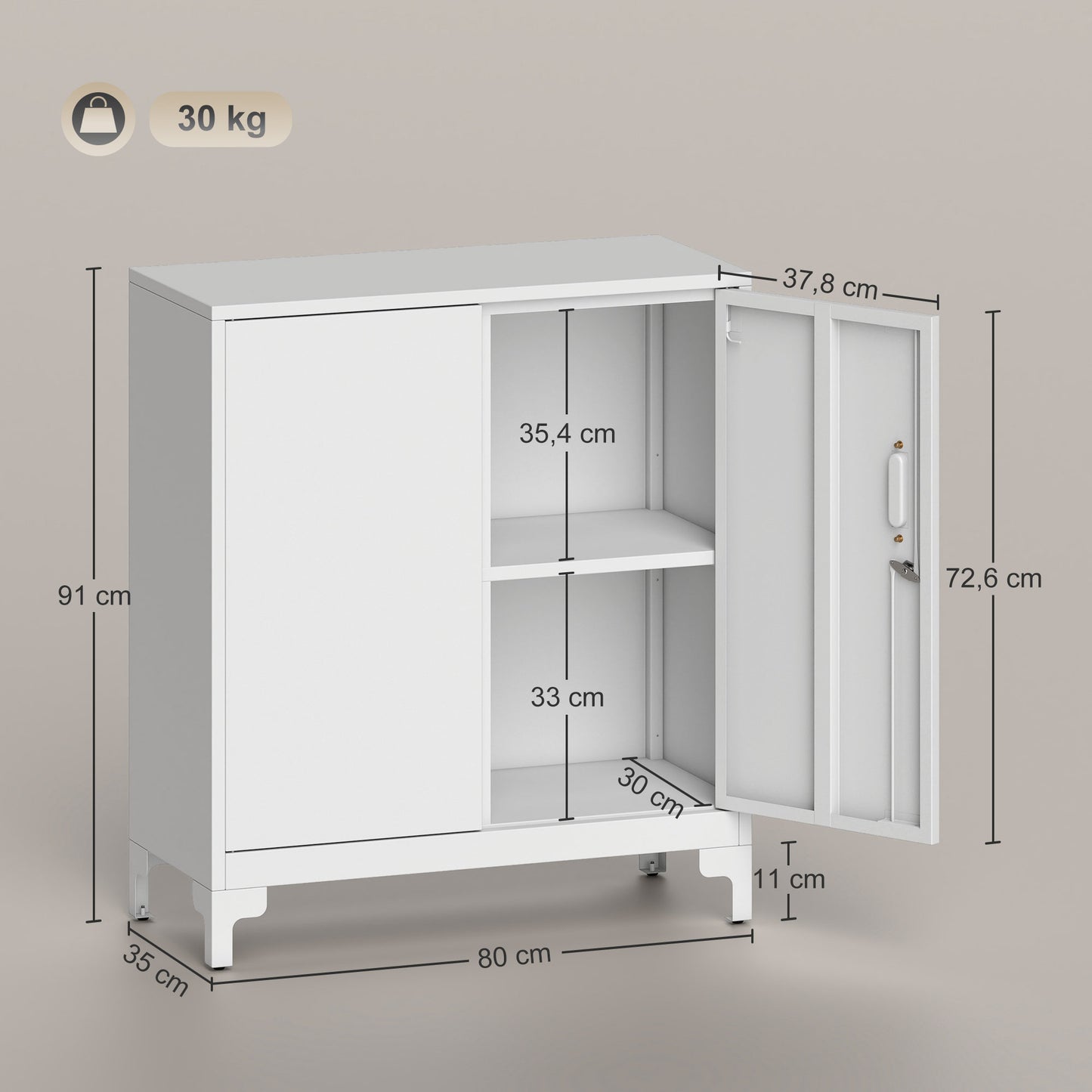 HOMCOM Büroschrank aus Metall, verschließbare Türen, Bürokommode, 2-stufiges Design, Weiß