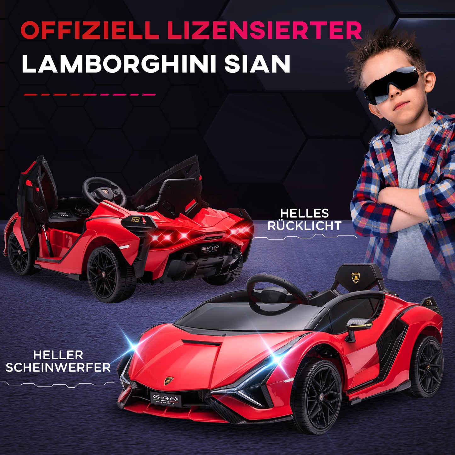 HOMCOM Kinderfahrzeug 12V 2 Fahrmodi Lamborghini SIAN SUV-Auto-Spielzeug Elektroauto mit Fernbedienung Musik(MP3/USB) Licht 37-60 Monate Metall Rot 108 x 62 x 40 cm