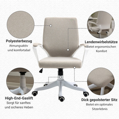 Vinsetto Bürostuhl Schreibtischstuhl Home-Office-Stuhl mit Wippenfunktion Rückenlehne höhenverstellbarer dick gepolstert ergonomisch 360°-Drehräder Polyester Nylon PP Beige+Weiß 62x69x92-100 cm