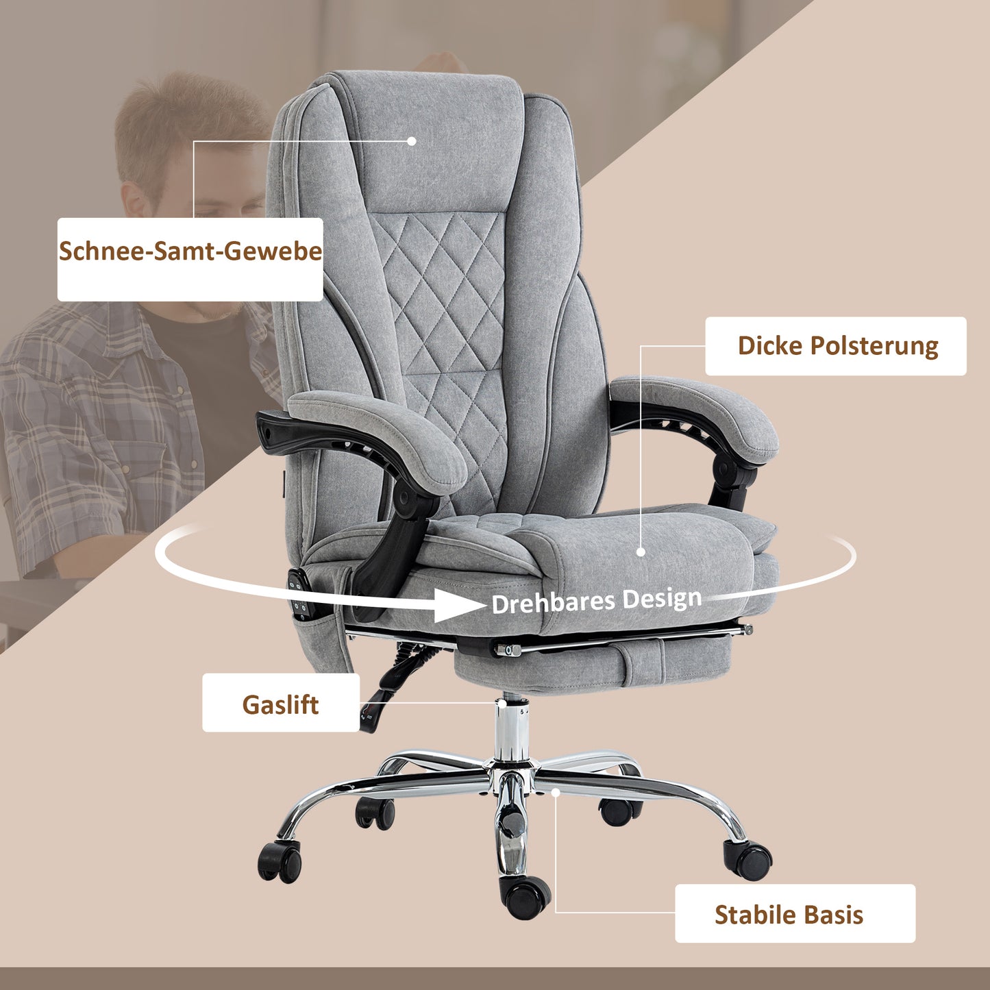 Vinsetto Ergonomischer Bürostuhl mit Massagefunktion, Fußstütze, drehbar, rollbar, Grau