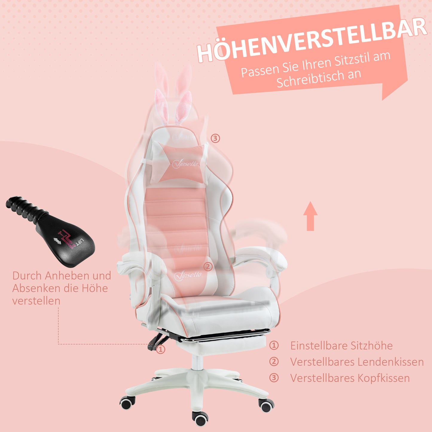 Vinsetto Gaming Stuhl Ergonomischer Gamer Stuhl mit Lendenwirbelstütze, Fußstütze Hasenohren Kopfkissen Rosa