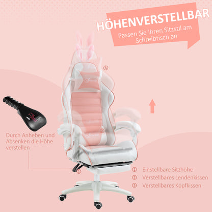 Vinsetto Gaming Stuhl Ergonomischer Gamer Stuhl mit Lendenwirbelstütze, Fußstütze Hasenohren Kopfkissen Rosa