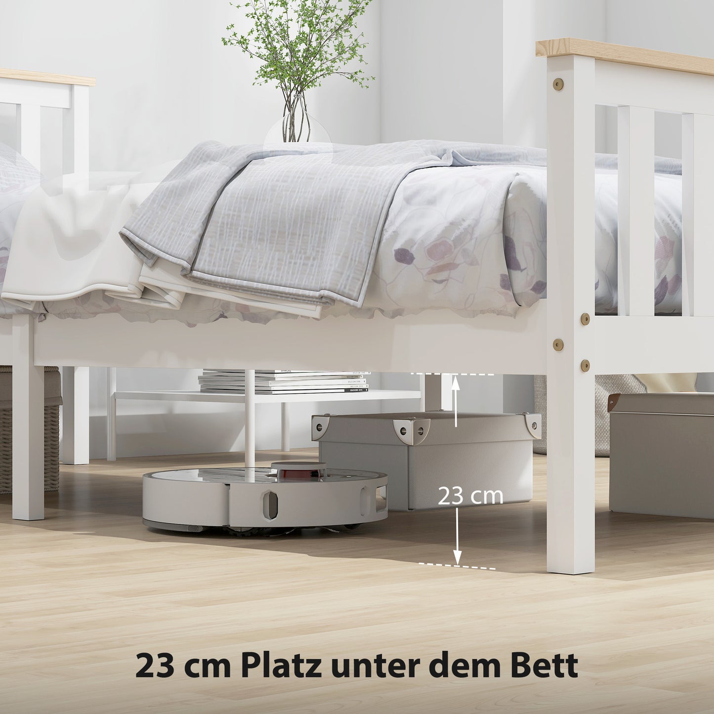 HOMCOM Einzelbettrahmen, Bettrahmen aus Holz, unterer Stauraum, Naturholz, Weiß
