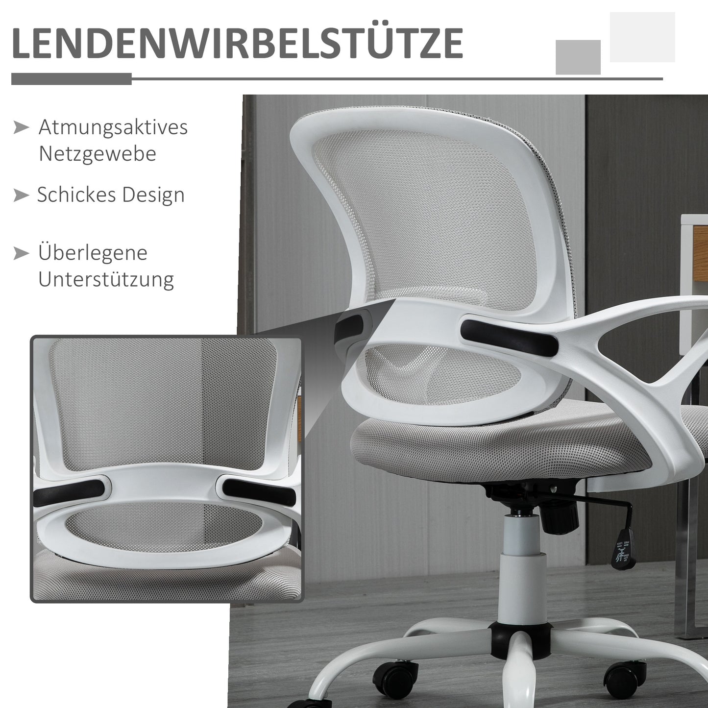 Vinsetto Bürostuhl, Schreibtischstuhl mit Rollen, ergonomisch, höhenverstellbar, Grau