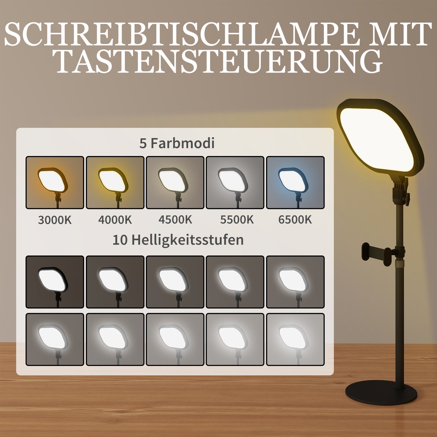 HOMCOM LED-Nachttischlampe, 10 Dimmstufen, 5 Farben, Speicherfunktion, Metall, Schwarz