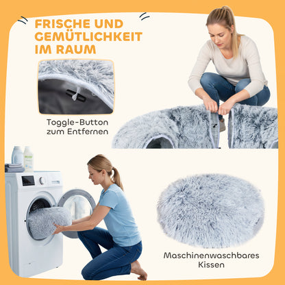 PawHut Katzentunnel, Plüschstoff, Kissen, faltbar, Metallrahmen, Katzenhöhle, Hellgrau