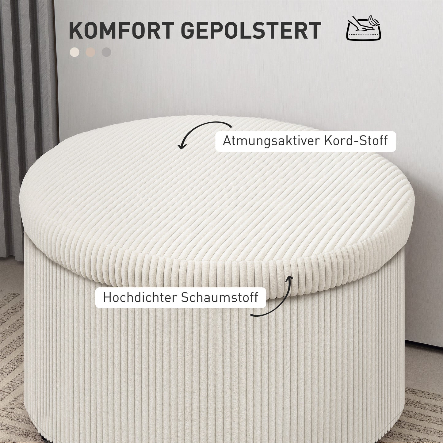 HOMCOM Fußhocker mit 97 L Stauraum, Cordstoff, Schaumstoff, Sitzhocker, Beige