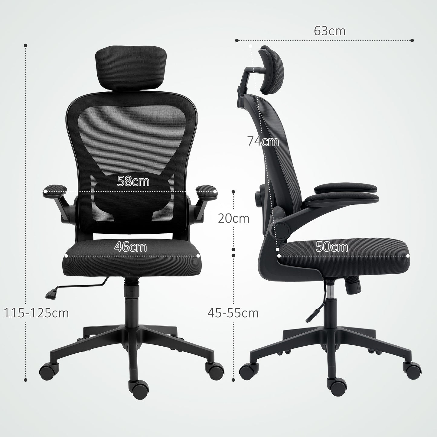 HOMCOM Bürostuhl Ergonomischer Schreibtischstuhl mit Hochklappbaren Armlehnen, Verstellbarer Lendenwirbelstütze Schwarz