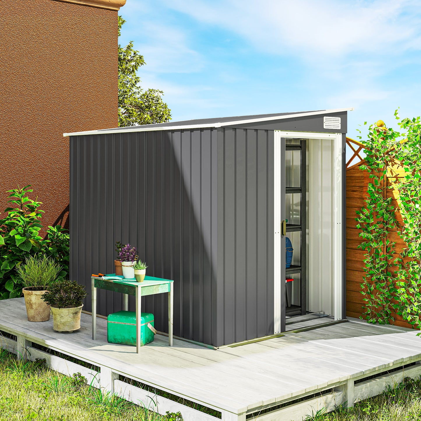 Outsunny Metall Gerätehaus 2,81m² 154x206,5x181 cm Geräteschuppen mit Pultdach Fundament
