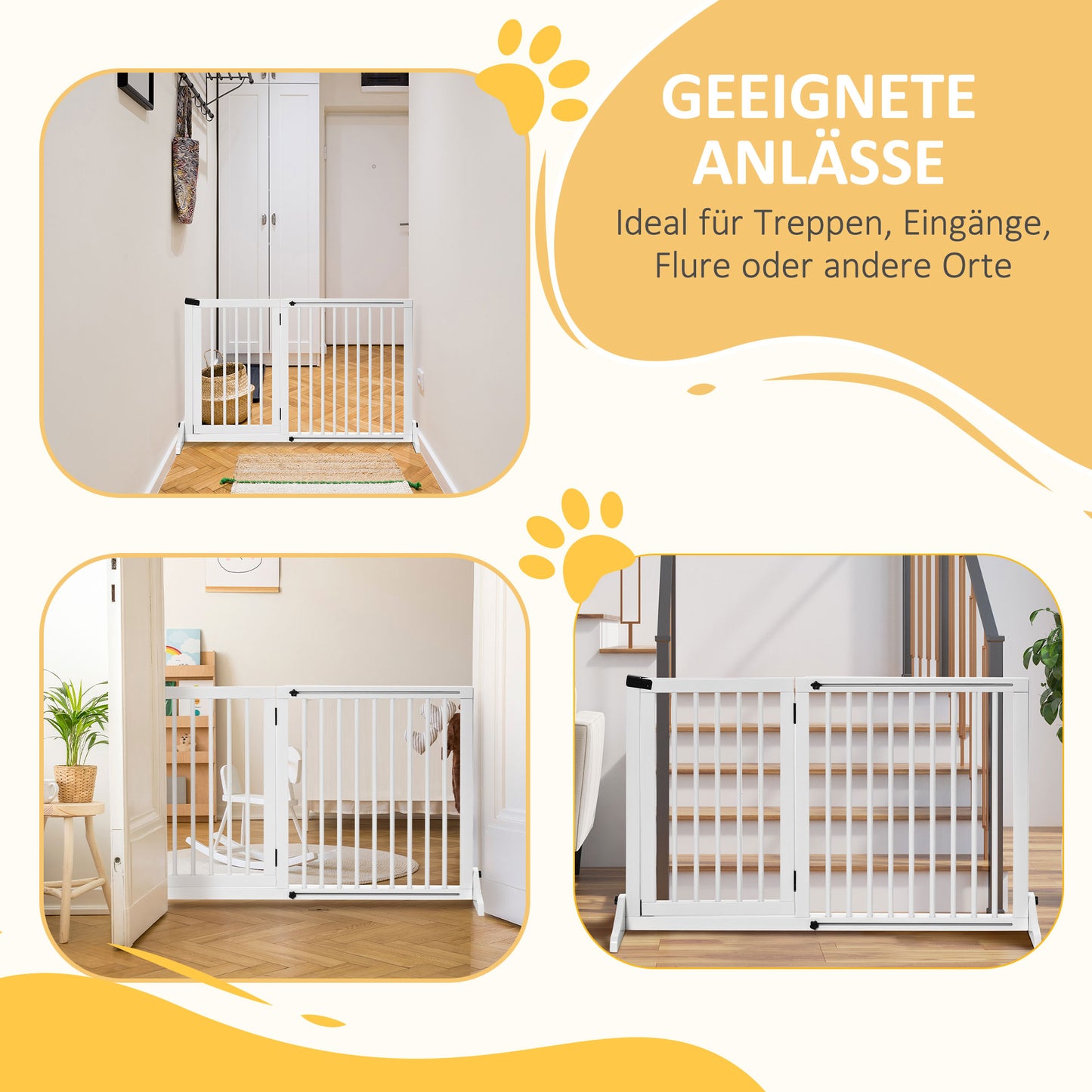PawHut Absperrgitter Hunde Türschutzgitter Schutzgitter aus Holz Freistehendes Hundegitter mit Tür Hundeabsperrgitter Konfigurationsgitter für Kamin & Ofen Weiß 113-166 x 36 x 71 cm