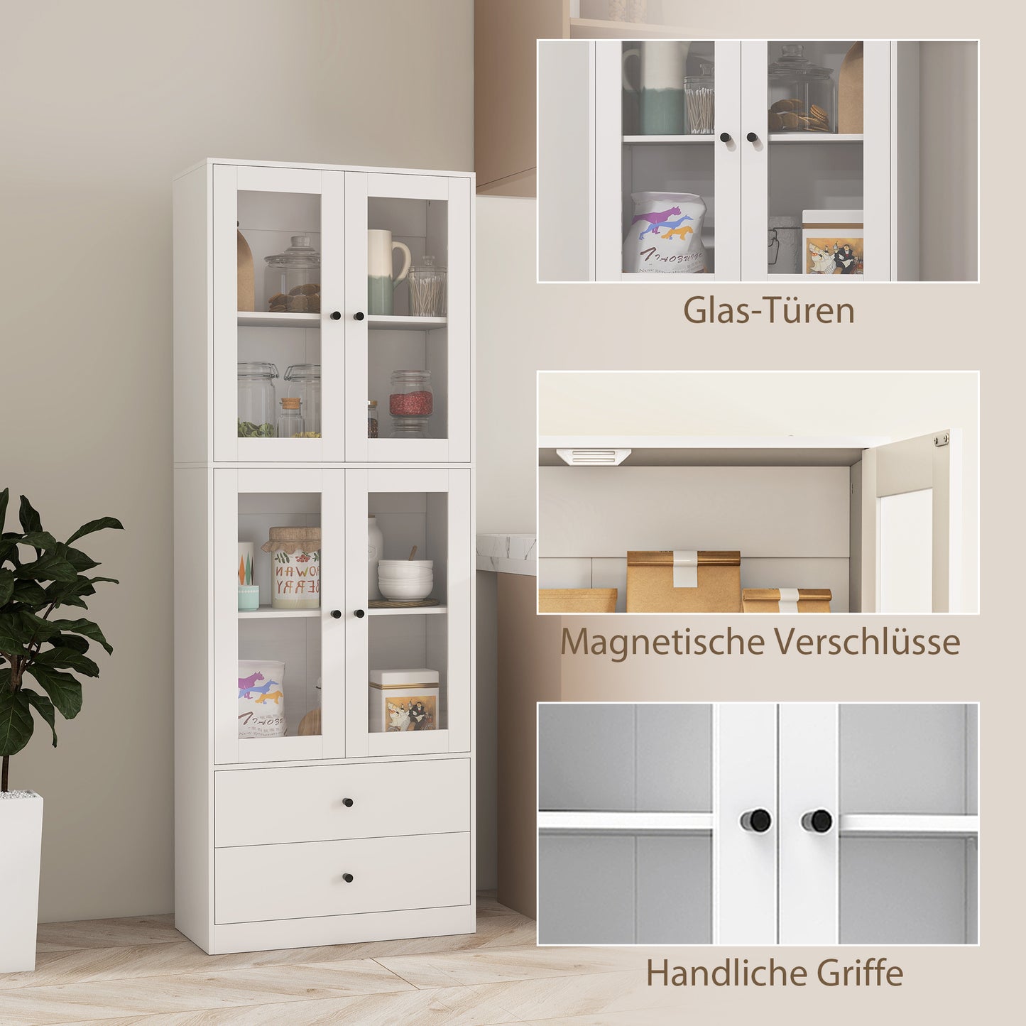 HOMCOM Küchenschrank mit Schubladen und Glastüren, Melamin-Oberfläche, Weiß