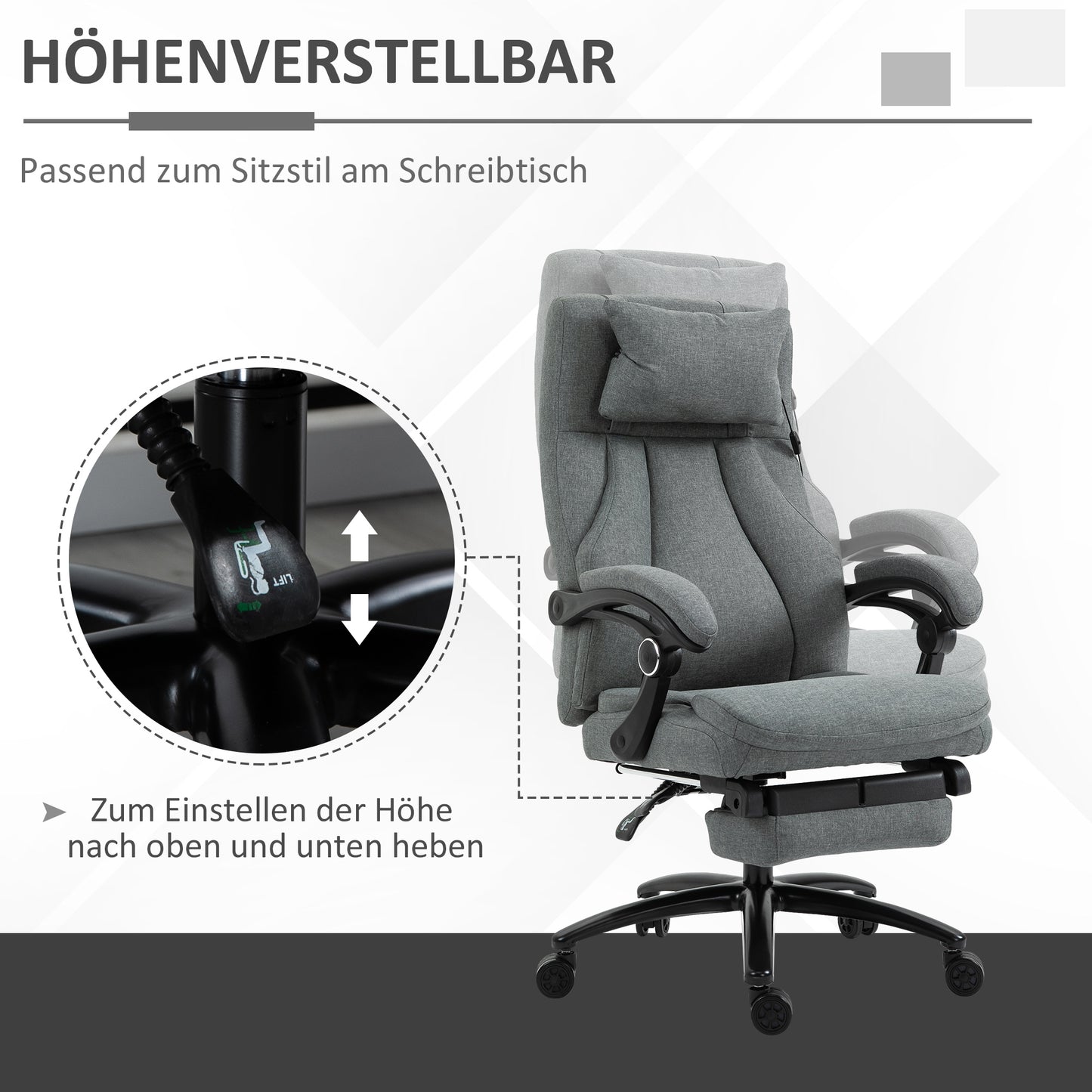 Vinsetto Bürostuhl massage, höhenverstellbarer Chefsessel, Gamingstuhl mit Fußstütze Massagefunktion, ergonomischer Drehstuhl, Massage Sessel, Leinen-Gefühl, Grau, 64 x 74 x 109-117 cm