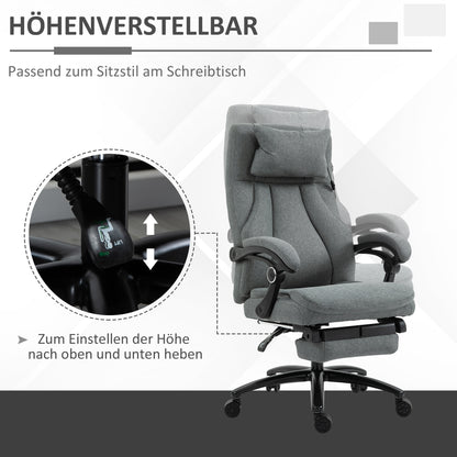 Vinsetto Bürostuhl massage, höhenverstellbarer Chefsessel, Gamingstuhl mit Fußstütze Massagefunktion, ergonomischer Drehstuhl, Massage Sessel, Leinen-Gefühl, Grau, 64 x 74 x 109-117 cm