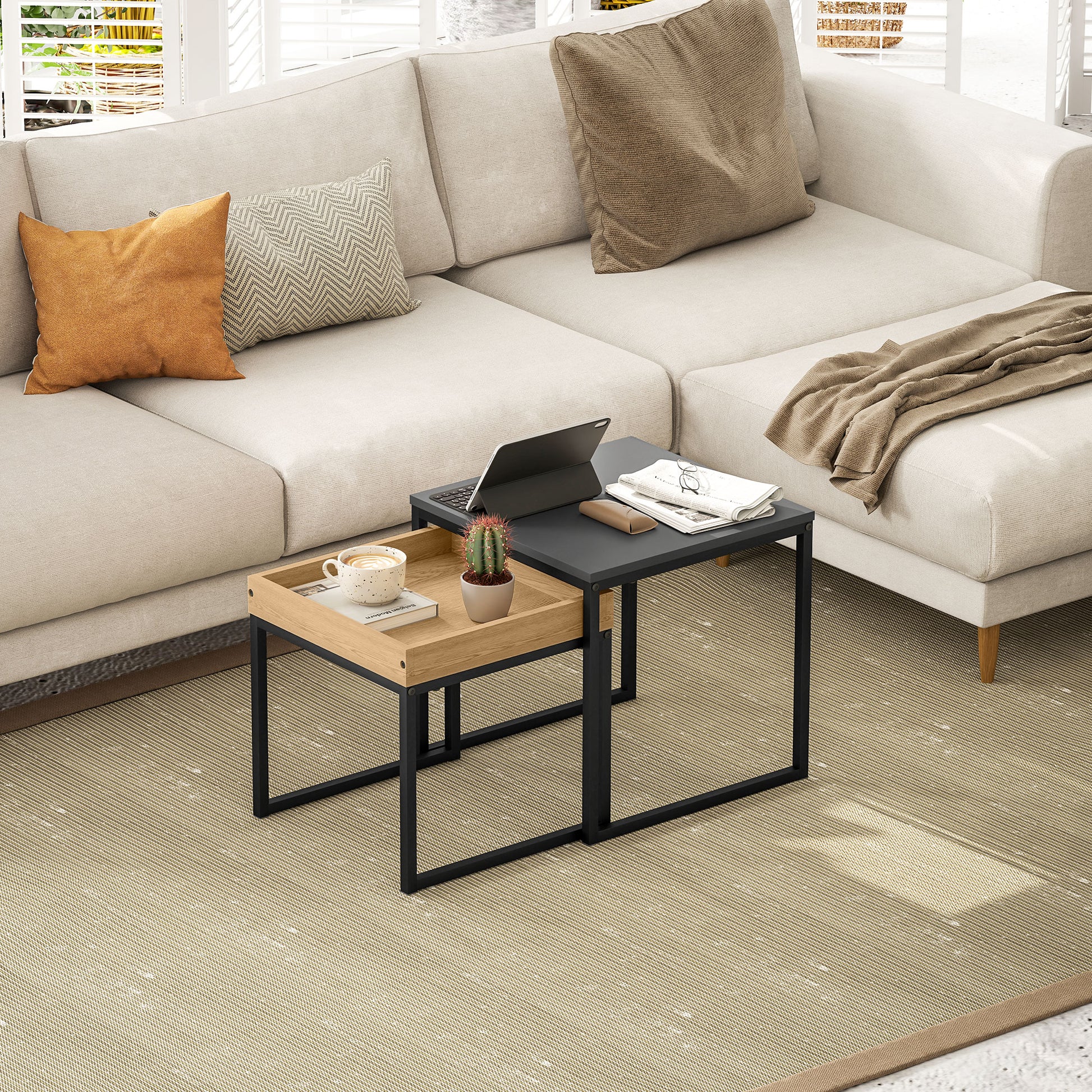 HOMCOM Moderner Couchtisch, 2er-Set Sofatisch, für kleine Räume, Quadratisch, MDF, Metall, Schwarz