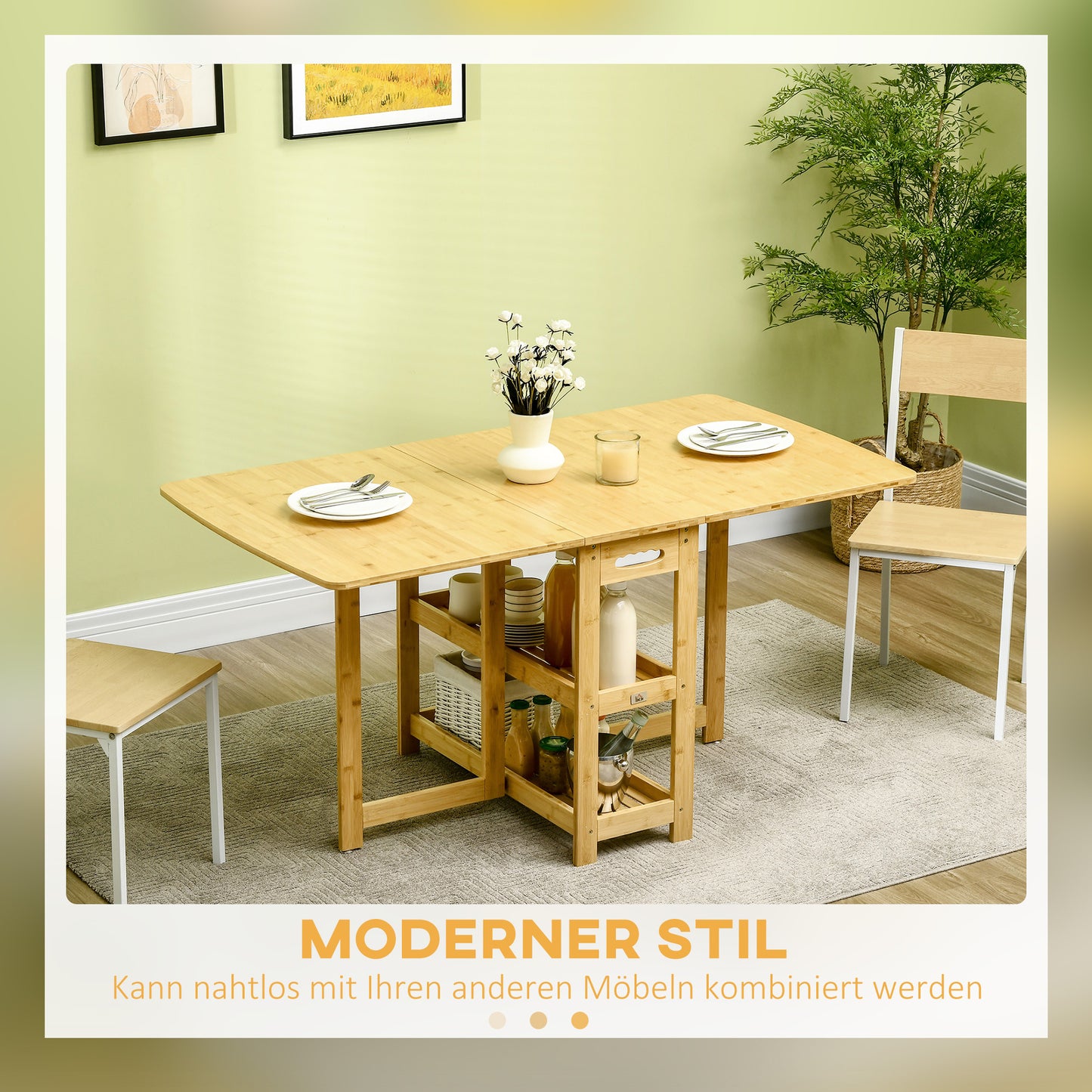 HOMCOM Klapptisch, Esstisch, zwei klappbare Seiten, zwei Ablagen, verstellbare Füße, Bambus, 149,5 x 80 x 73,5cm