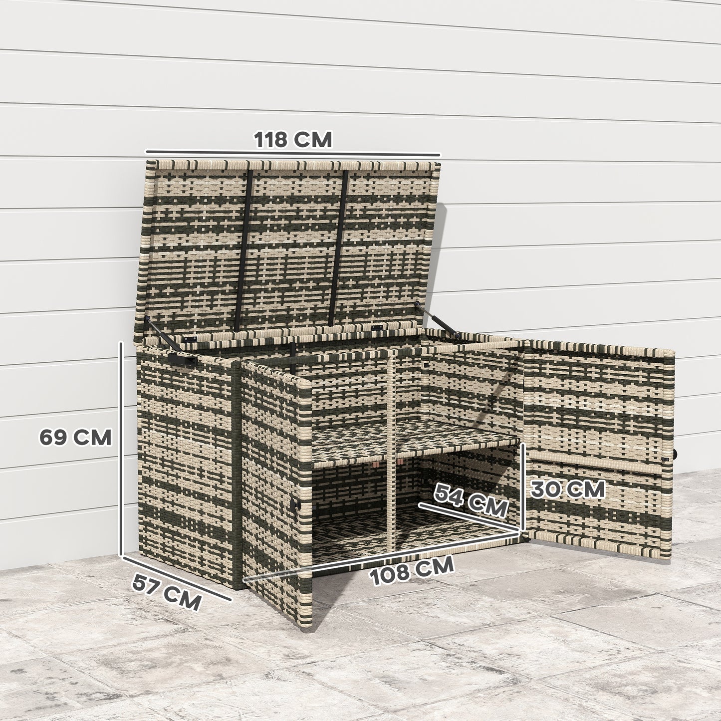 Outsunny Rattan Auflagenbox 350L 2-Ebenne Kissenbox mit Deckel Hebestangen Tragegriffe 118 x 57 x 69 cm Mischgrau