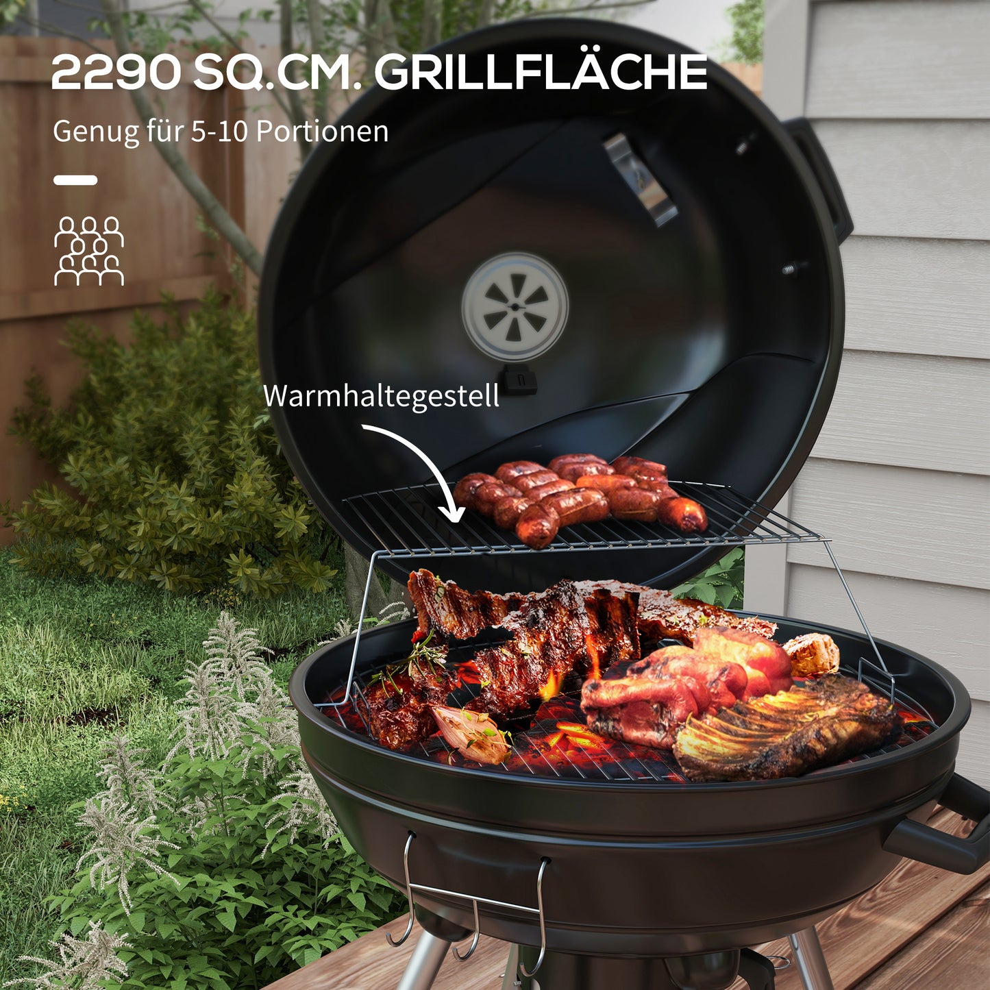 Outsunny Kugelgrill, Ø54 cm Grillrost, Warmhalterost, Ablage, Aschefach, Thermometer, 55 x 65 x 89 cm, Schwarz