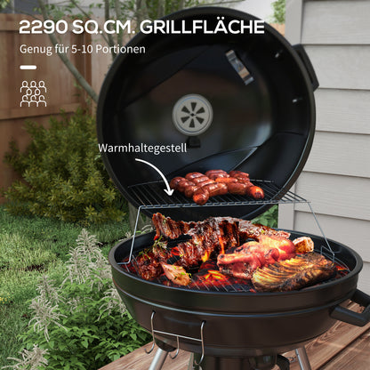 Outsunny Kugelgrill, Ø54 cm Grillrost, Warmhalterost, Ablage, Aschefach, Thermometer, 55 x 65 x 89 cm, Schwarz