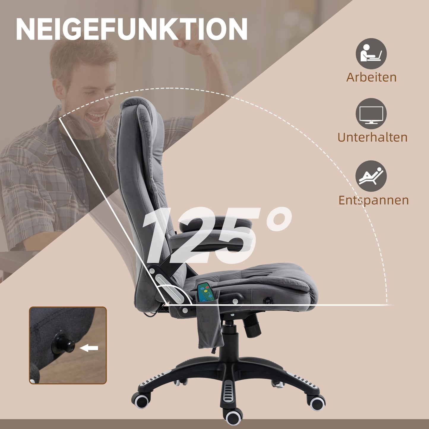 Vinsetto Bürostuhl mit Massage- & Wärmefunktion, ergonomisch, höhenverstellbar, Dunkelgrau