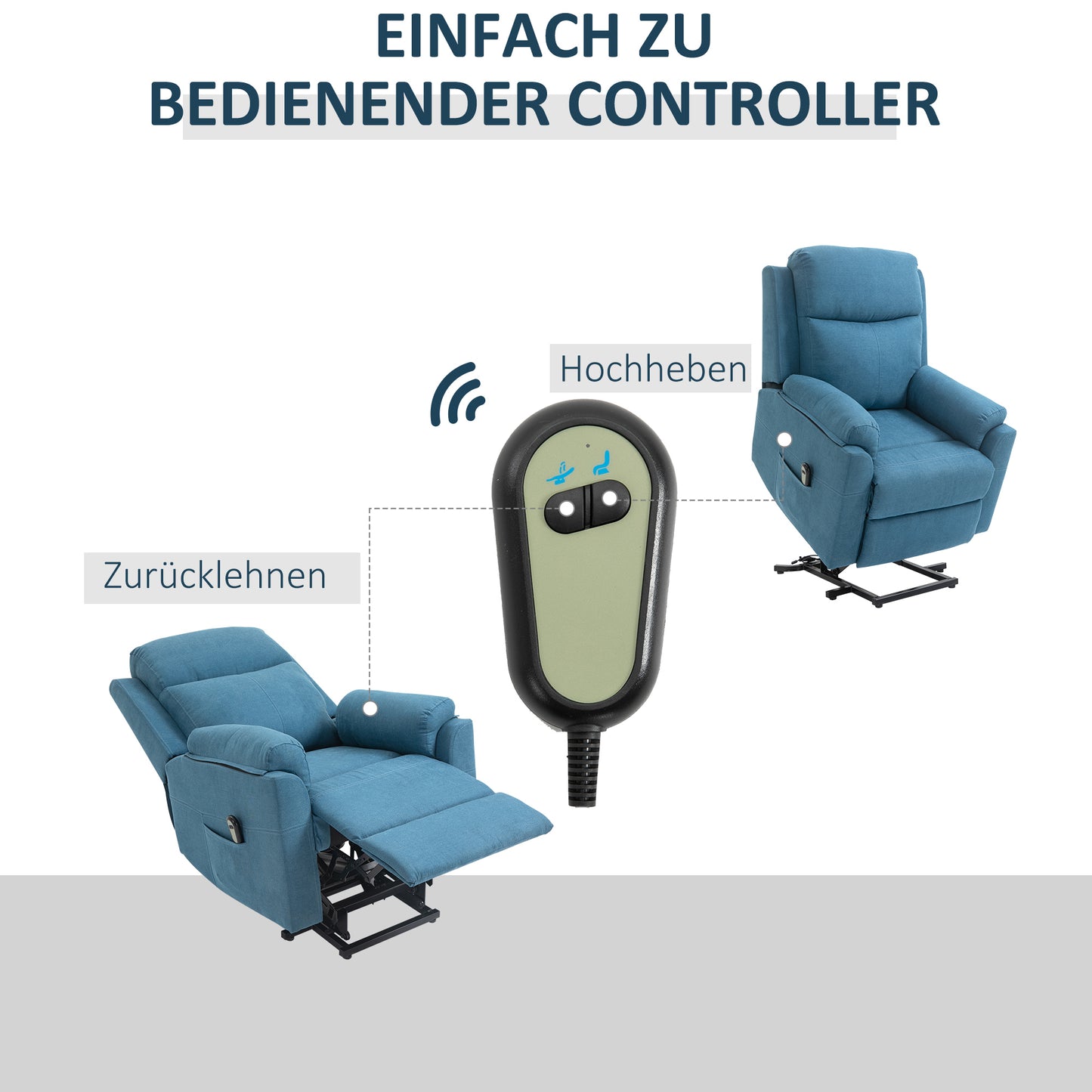 HOMCOM Fernsehsessel mit Aufstehhilfe Elektrisch Relaxsessel mit Liegefunktion, TV-Sessel mit Fernbedienung Seitentasche Taschenfederkern Leinenoptik Blau