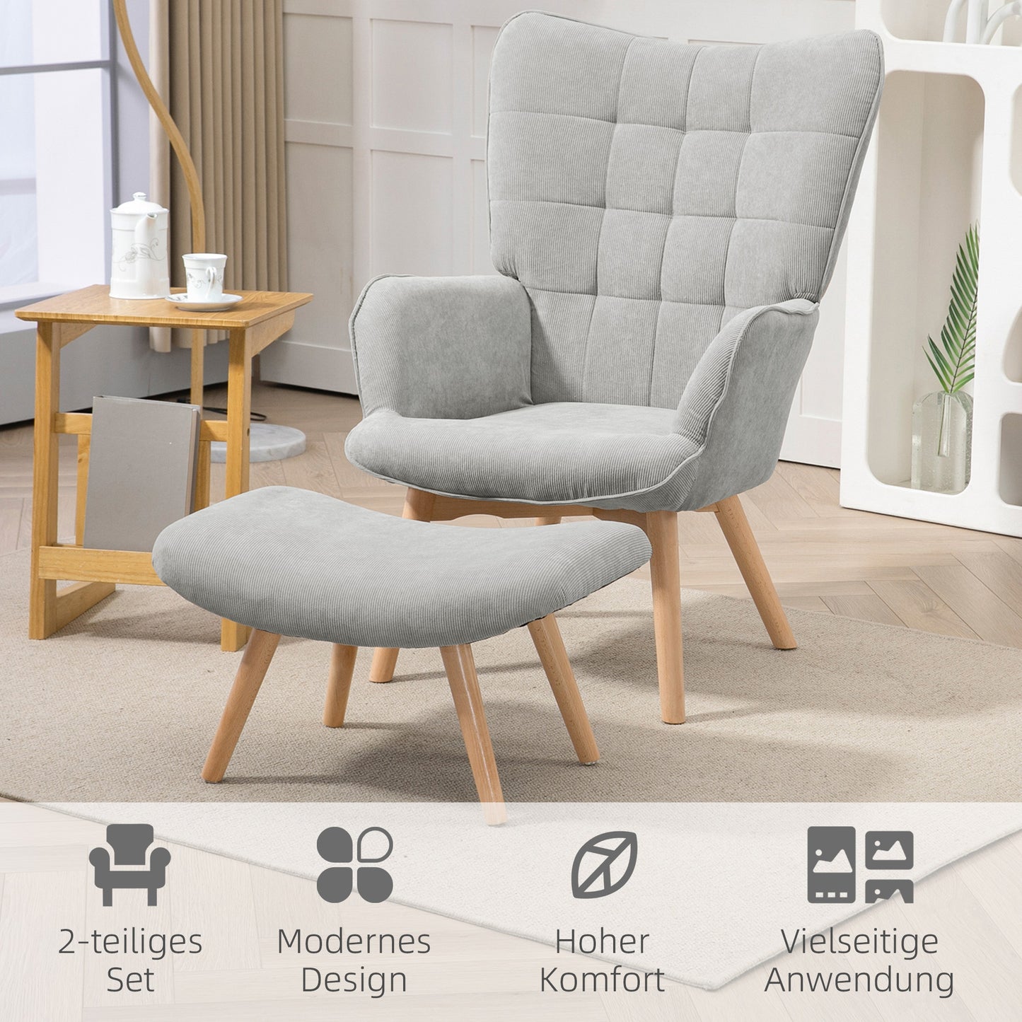 HOMCOM Akzentsessel mit Hocker, Relaxsessel in Cord-Optik, Armlehnstuhl mit Holzbeinen, für Wohnzimmer, Grau