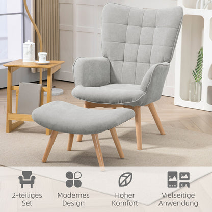 HOMCOM Akzentsessel mit Hocker, Relaxsessel in Cord-Optik, Armlehnstuhl mit Holzbeinen, für Wohnzimmer, Grau