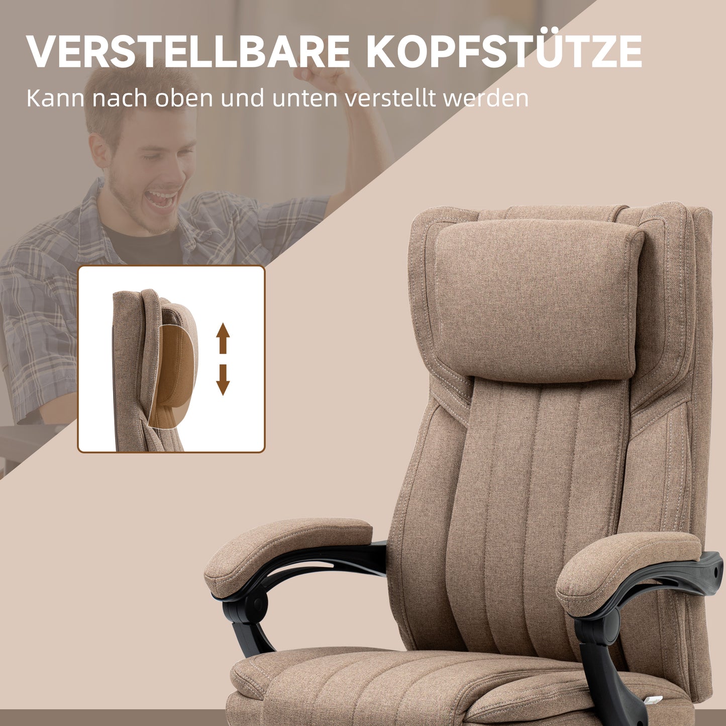 Vinsetto Bürostuhl mit Massagefunktion, neigbare Rücklehne, ausziehbare Fußstütze, Leinenoptik, 65 x 61 x 118 cm, Braun