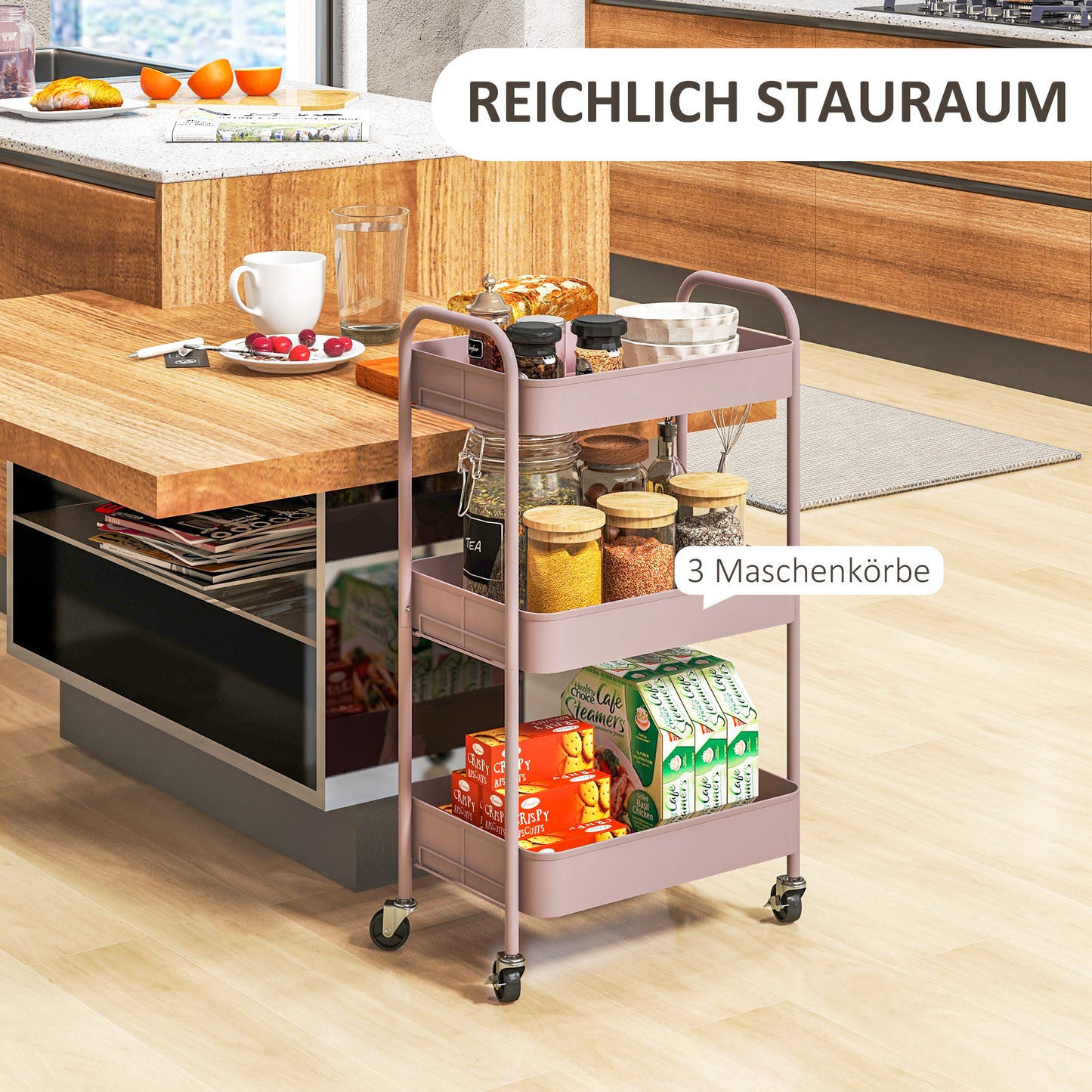 HOMCOM Mehrzweckwagen Rollwagen Küchenwagen, 3 Regale, 4 Rollen, 45 cm x 30,6 cm x 79 cm, Rosa