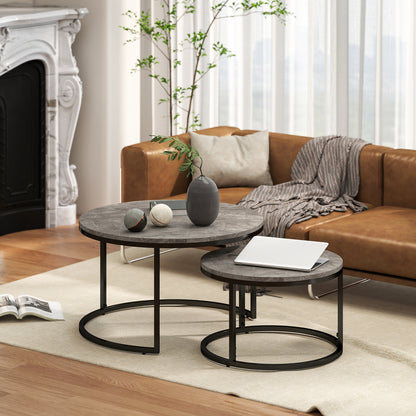 HOMCOM 2er-Set runde Couchtische، stapelbare Beistelltische mit Metallrahmen، Wohnzimmertisch في Marmoroptik، Kaffeetisch، Grau